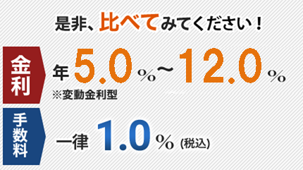 金利年5.0～12.0%手数料一律1.0%